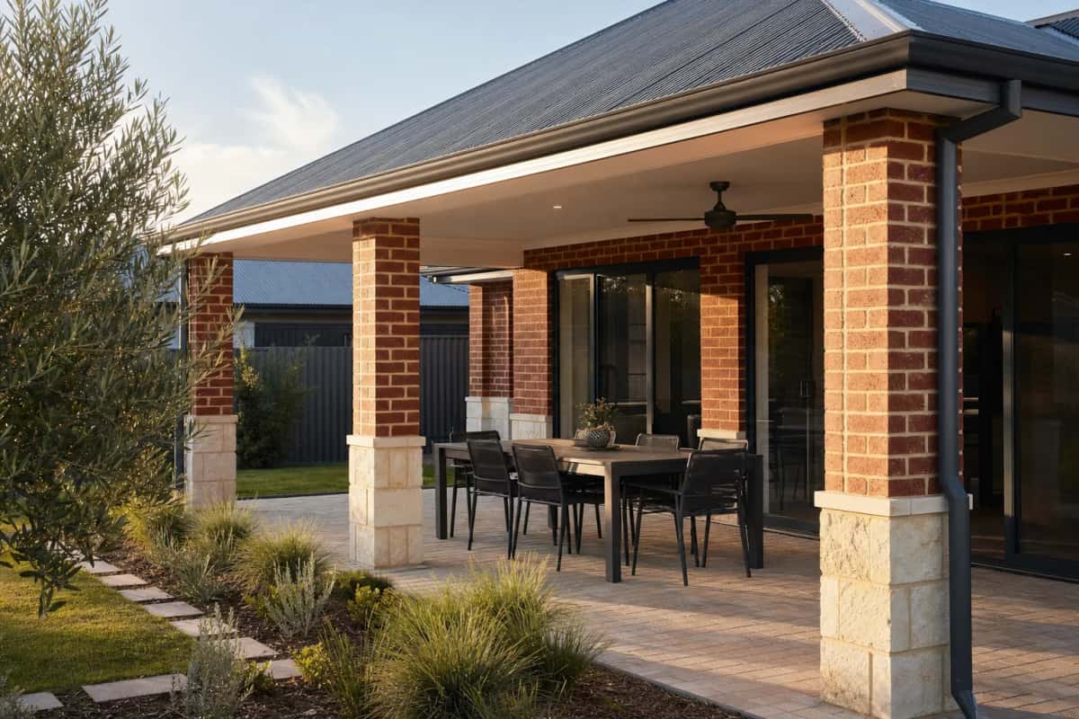 Alfresco outdoor room built into the line of a house, open on two sides