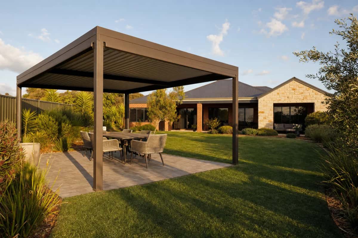 Freestanding patio structure standing on its own in a back lawn
