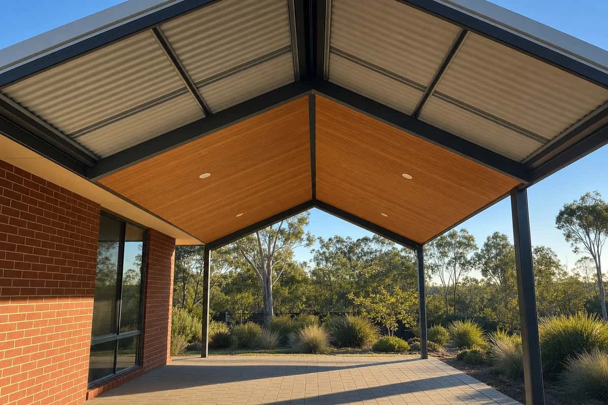Underside of a gable patio attached to a brick home, looking out to a native garden